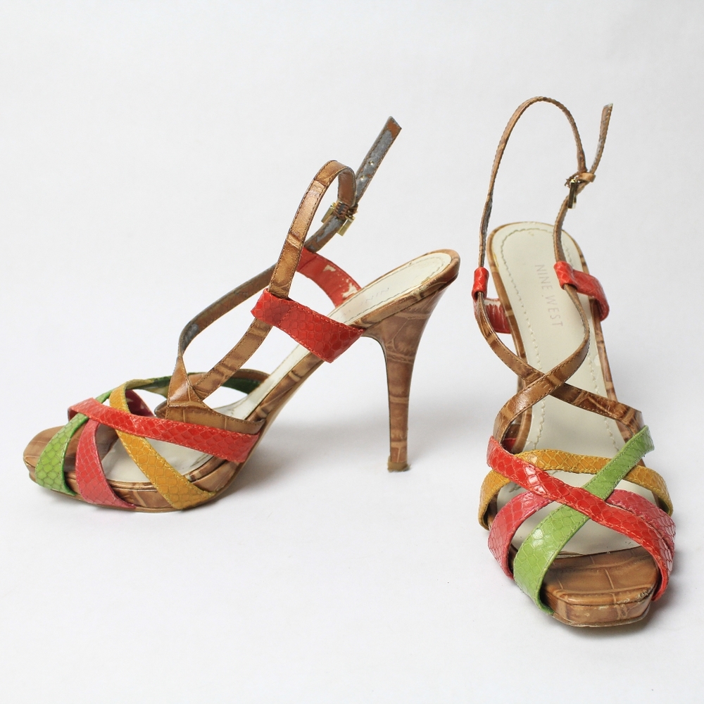 Final Sale Vintage Nine West Red Yellow Green Strappy Heels Sandal Size 6.5 - Picture 2 of 5